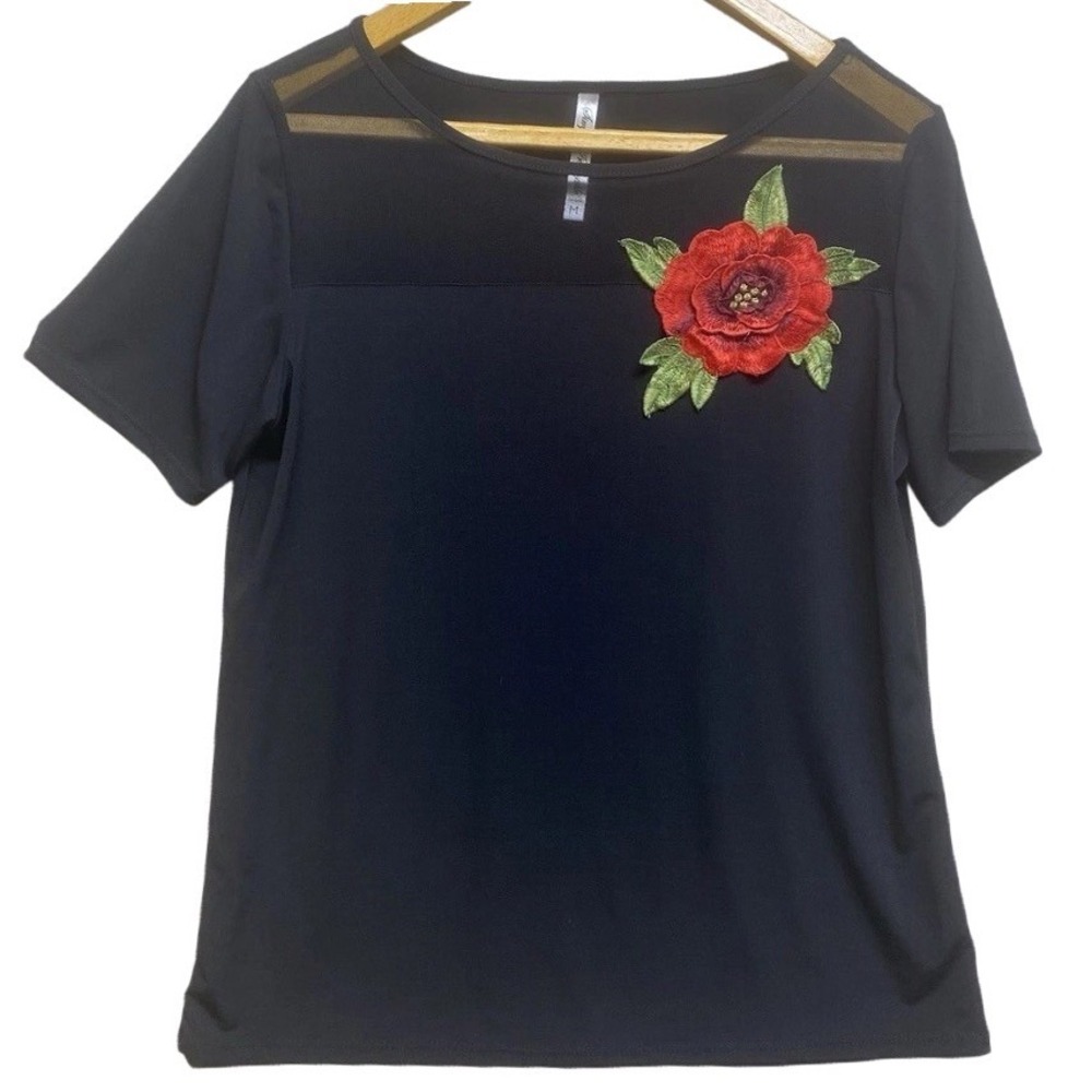 Simply Irresistible Floral Mesh Top Womens Medium Black Short Sleeve Rose 7216